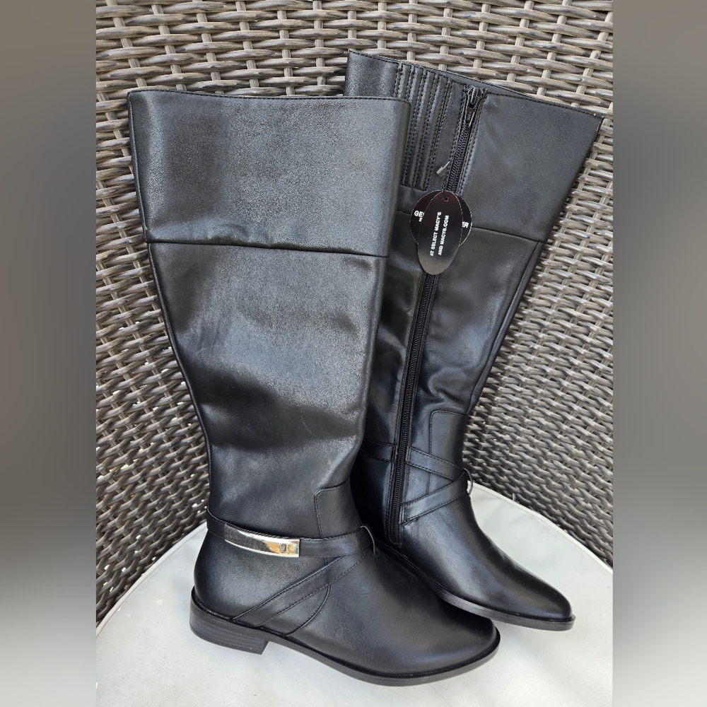 New Womens Alfani Black Leather Almond Toe Knee High Fashion Boots 7.5 Wide Calf